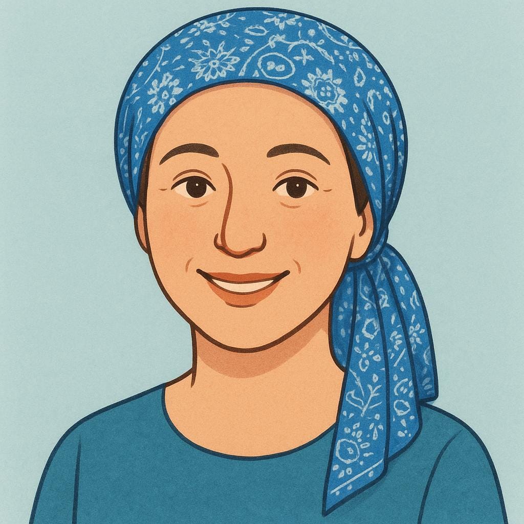 A simple portrait illustration of a smiling woman wearing a colorful head covering (tichel or scarf), representing her Jewish heritage.