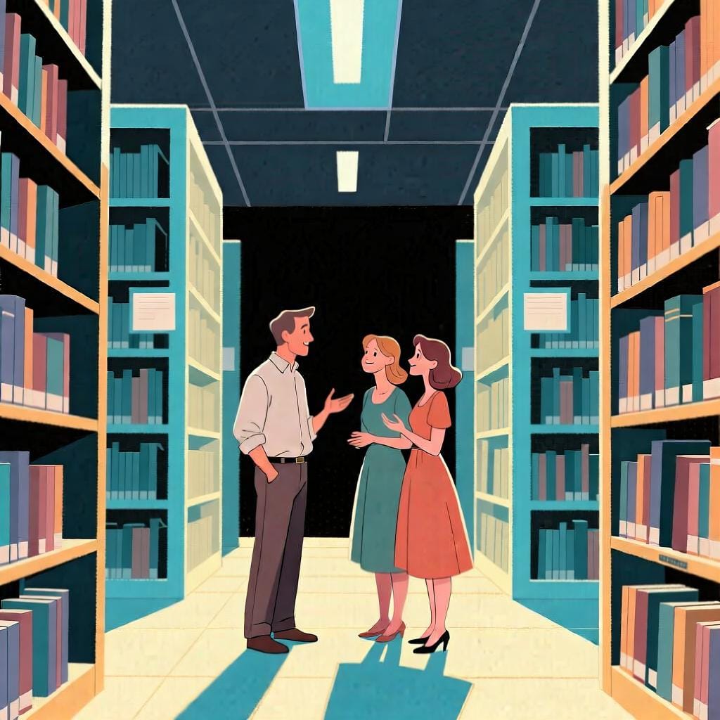 Przyjazna grupka trzech osób stojących razem w nowoczesnej bibliotece, ilustrująca użycie 'están' do określenia lokalizacji.