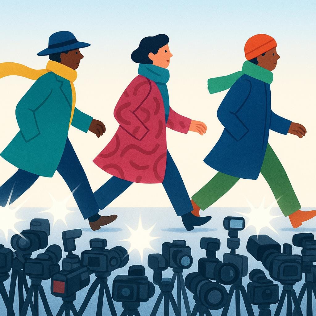 カメラの列の前をフラッシュを焚かれながら早足で通り過ぎる、スタイリッシュな服装の3人の人物。セレブリティを表している。