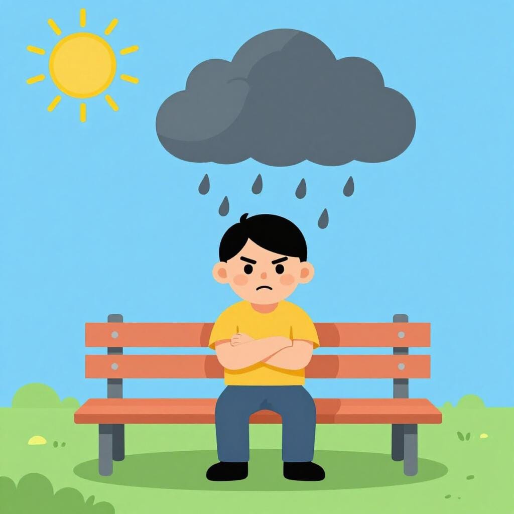 一人で木製のベンチに座り、腕を組んで不機嫌そうな顔で下を向いている人物。その人物の真上には、明るい野原に暗い嵐雲が浮かんでいる。