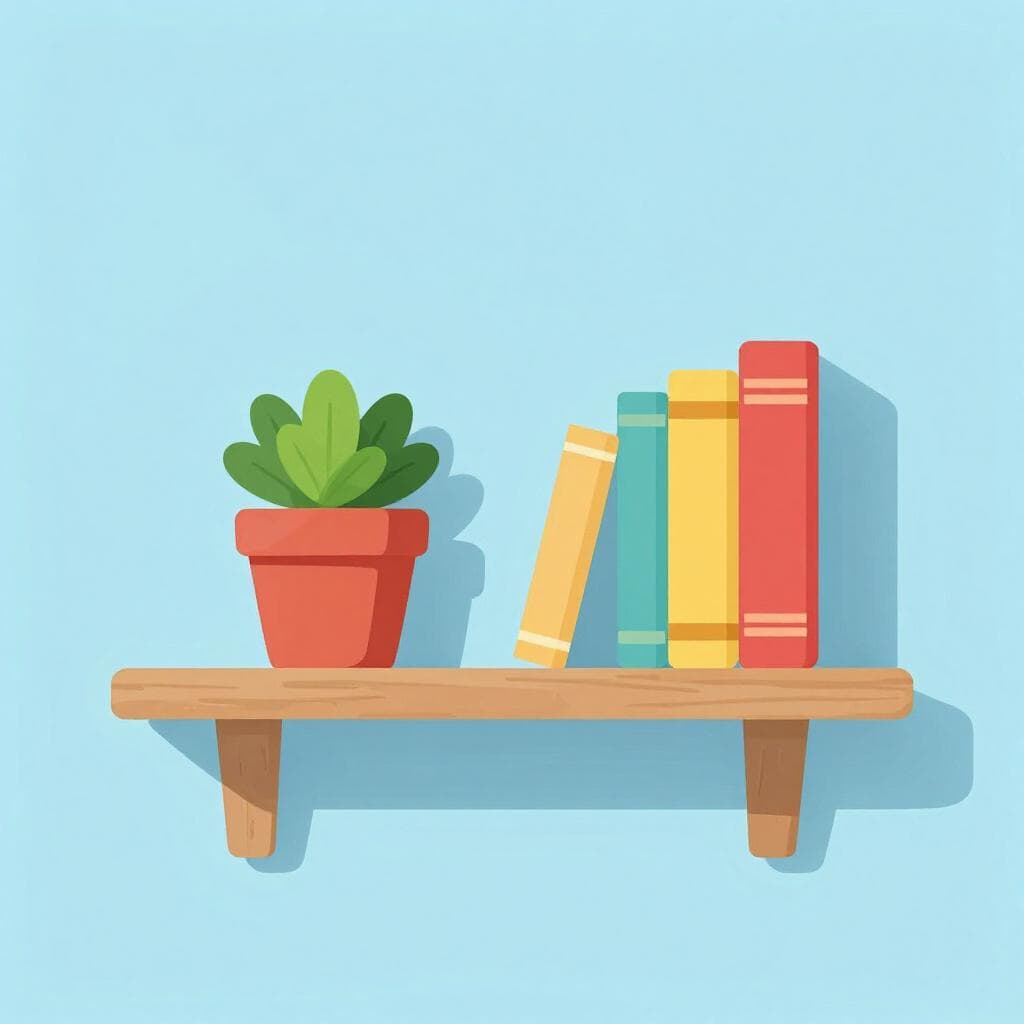 Een enkele houten plank gemonteerd aan een effen muur, met een kleine potplant en een paar kleurrijke boeken erop.