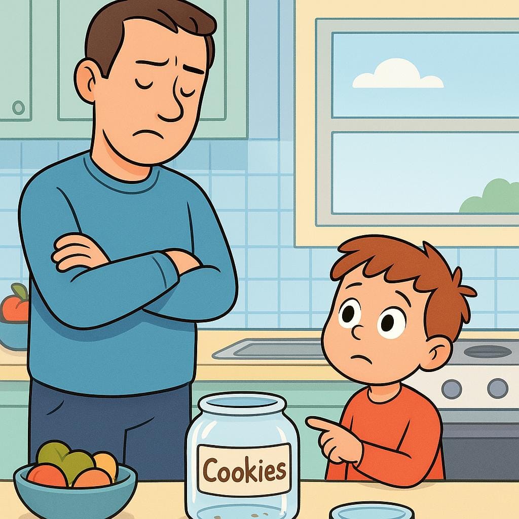 A storybook illustration showing an adult shaking their head firmly and crossing their arms while a small child points at an empty cookie jar, illustrating denial of a statement or claim.