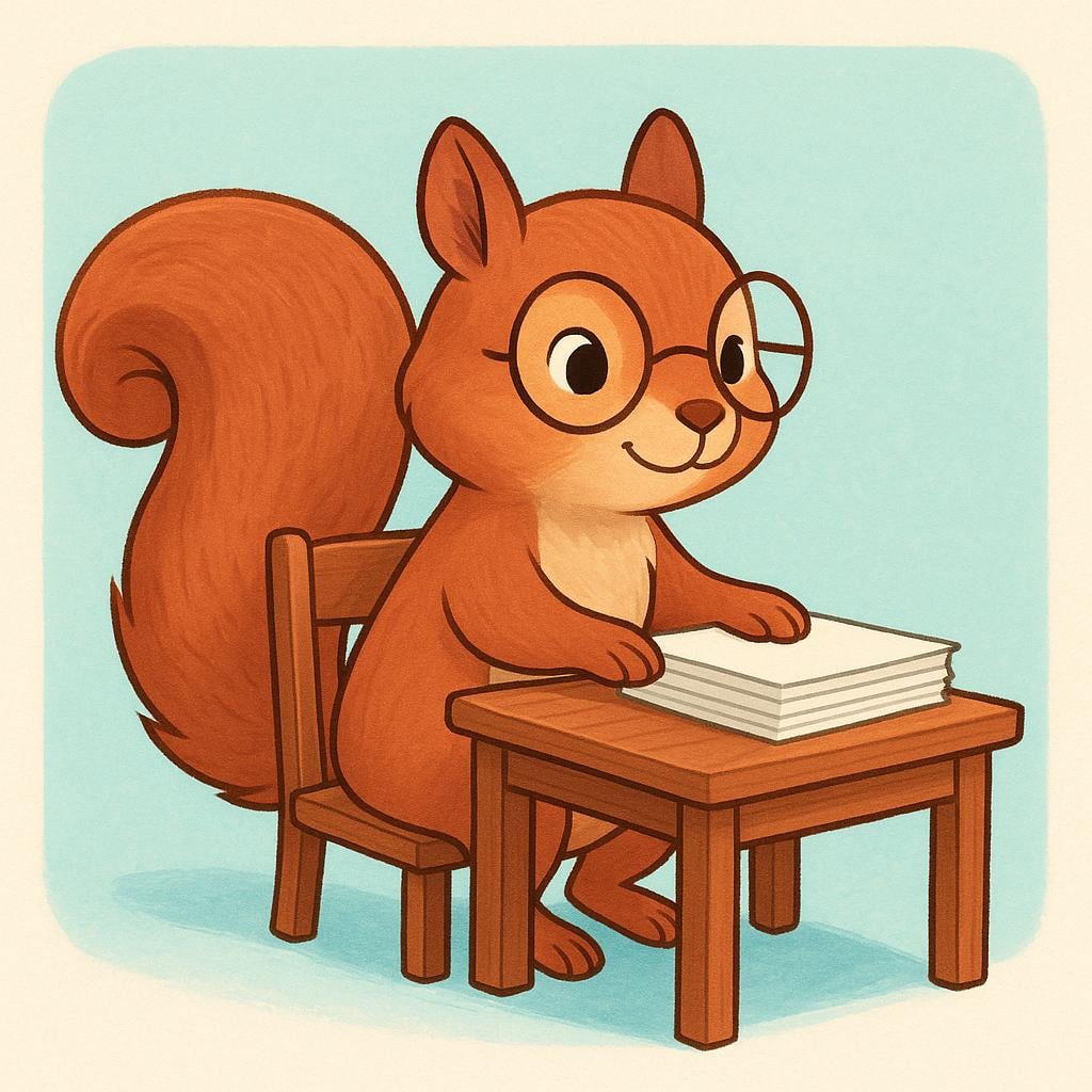 A focused squirrel wearing glasses sitting at a small wooden desk, looking confidently at a single, organized stack of papers.