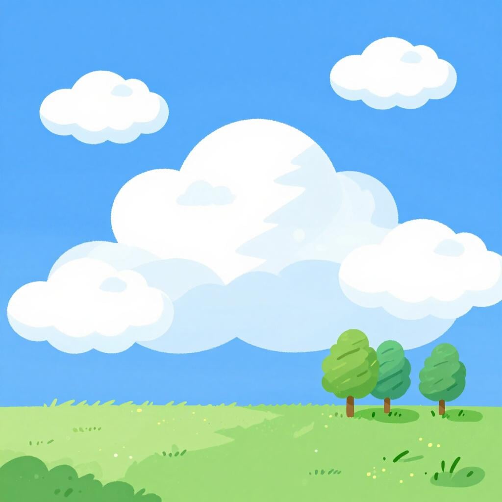 A bright sky with fluffy white clouds and a gentle breeze blowing through green trees.