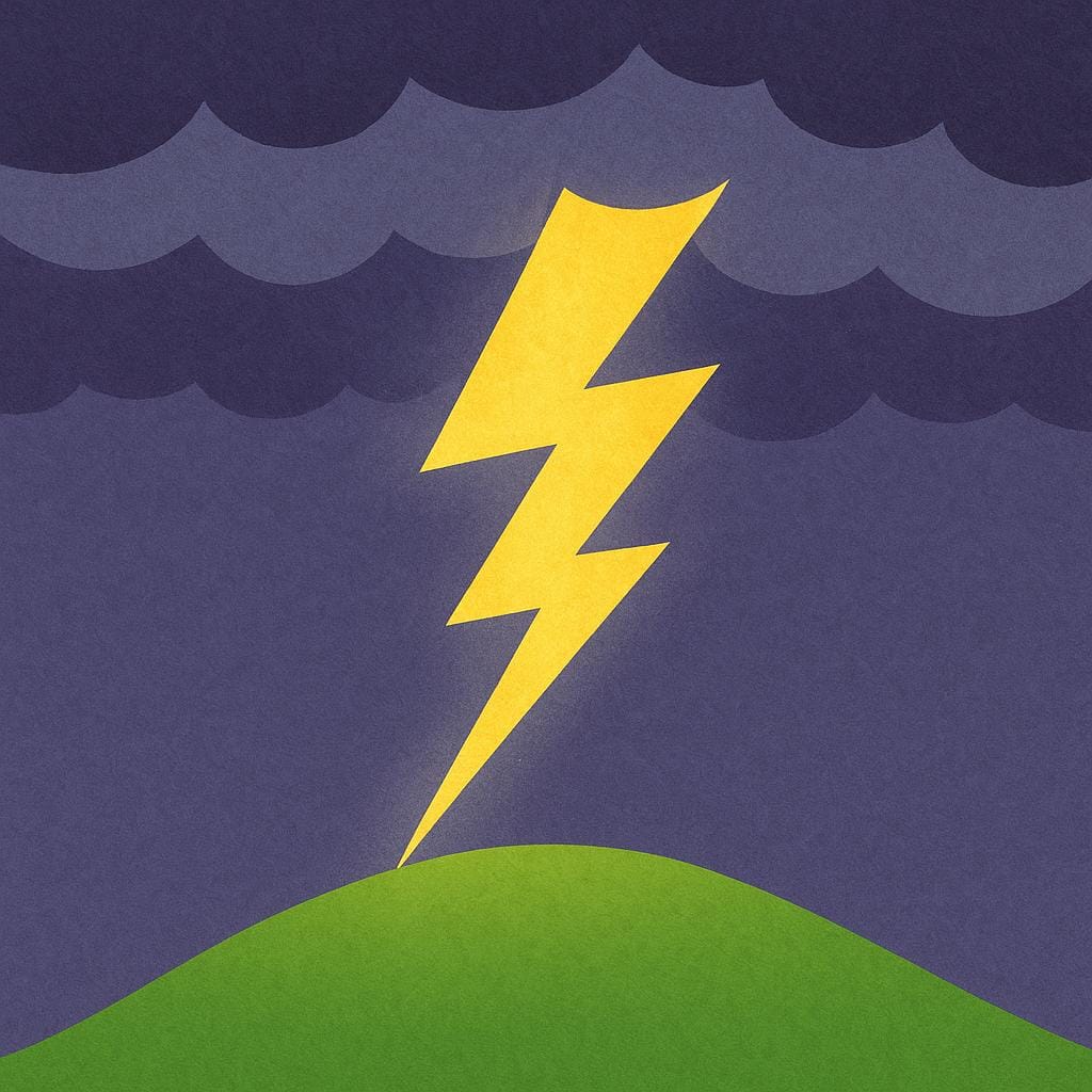 A bright yellow, jagged lightning bolt striking a dark landscape under heavy storm clouds.