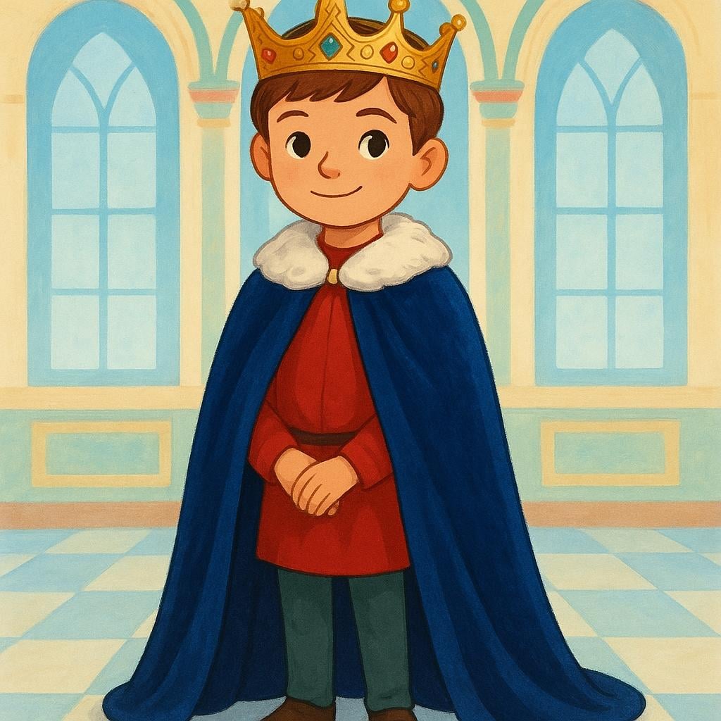 A young boy with short hair wearing a small gold crown and a red velvet royal cloak, standing regally.
