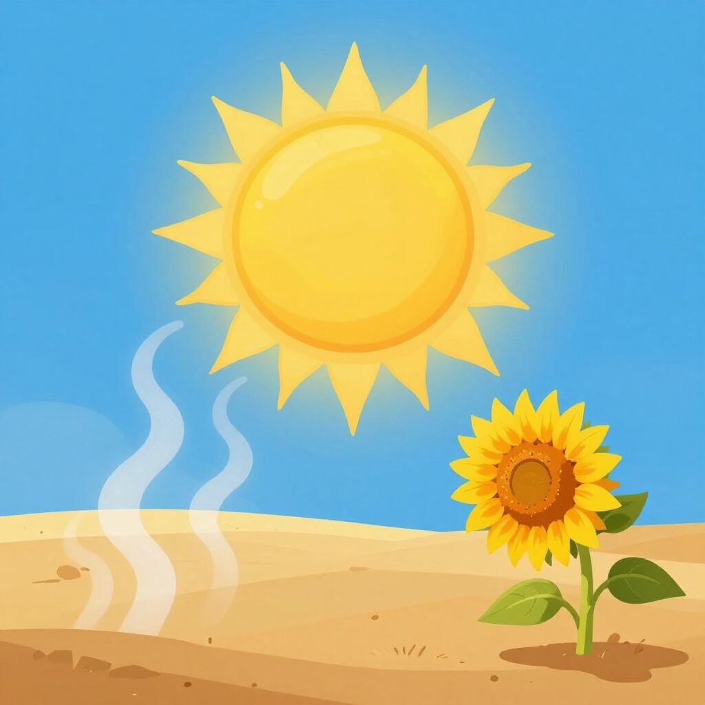 A bright yellow sun shining over a landscape with a single wilted sunflower and shimmering heat waves.