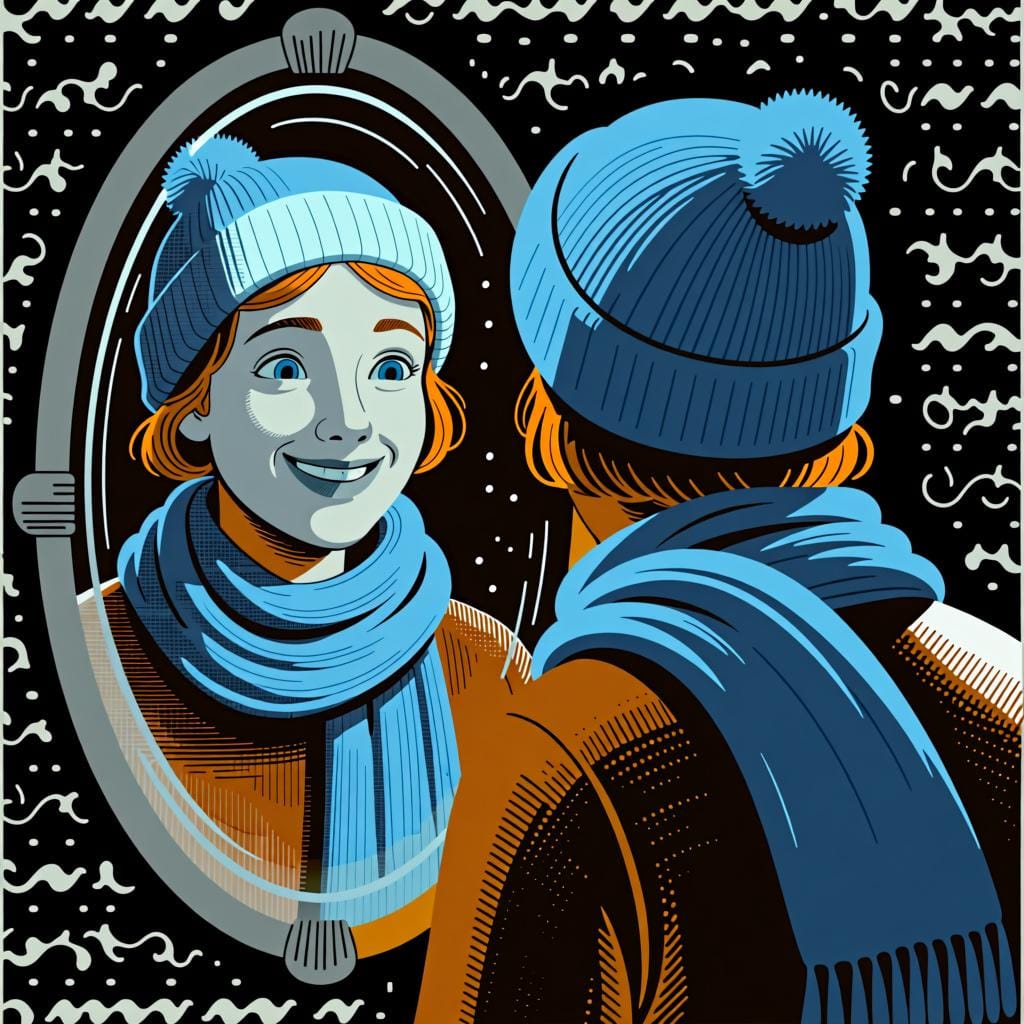 Una persona che prova un cappello blu che si abbina perfettamente alla sua sciarpa blu, apparendo felice.