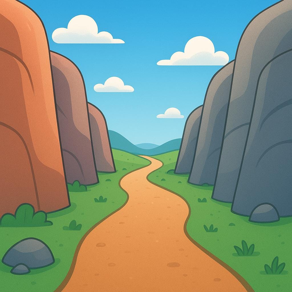 Eine kleine Person, die auf einem schmalen Feldweg mit hohen, massiven, unpassierbaren Felswänden zu beiden Seiten steht und zeigt, dass es nur einen Weg nach vorne gibt.