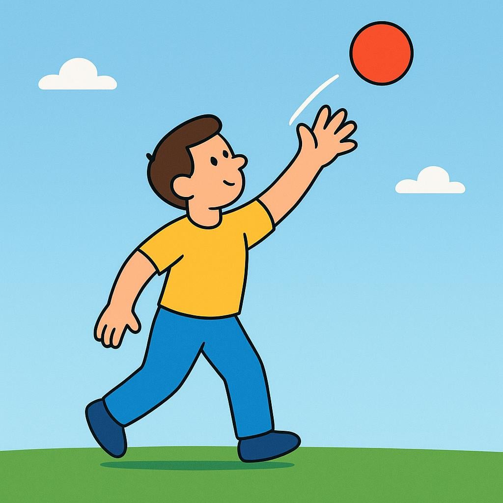 A simplified illustration of a person standing, mid-motion, throwing a red ball high into the air.
