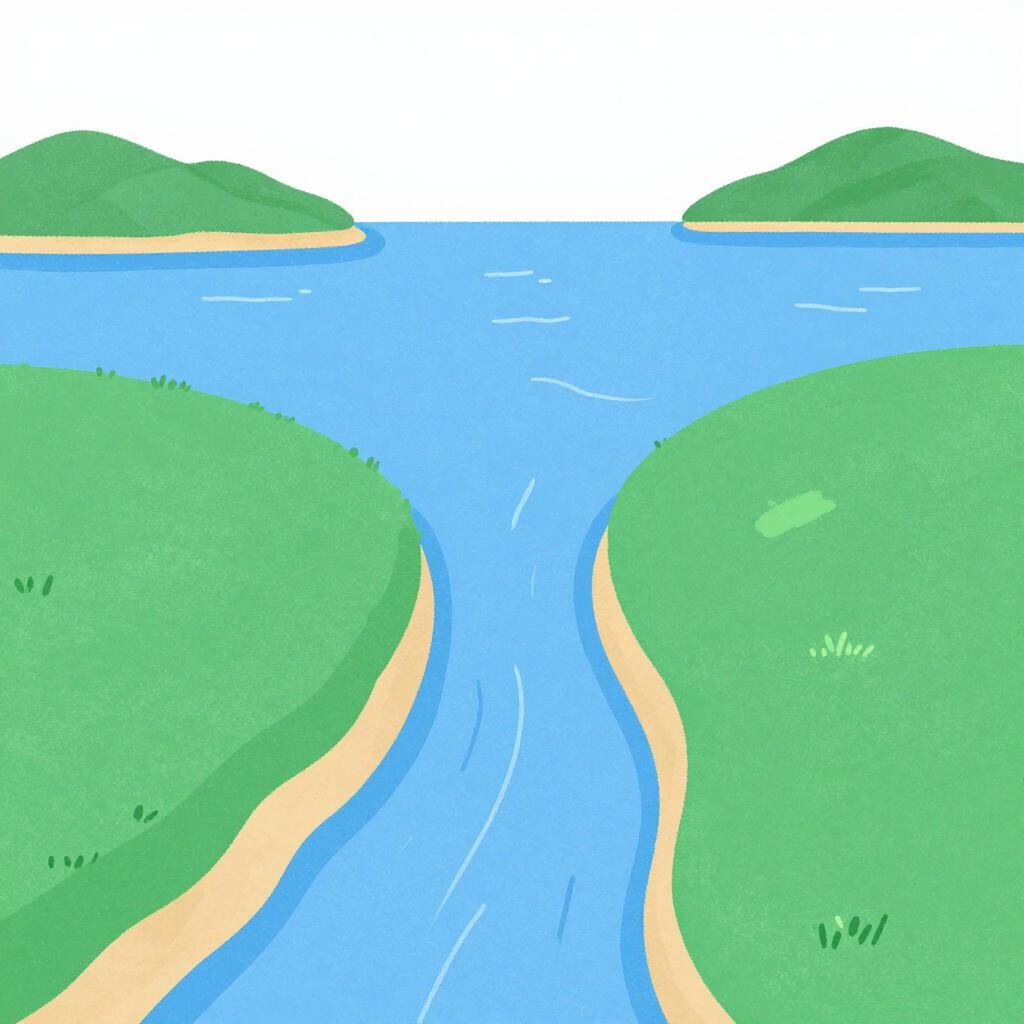 A narrow passage of blue water between two large green landmasses.