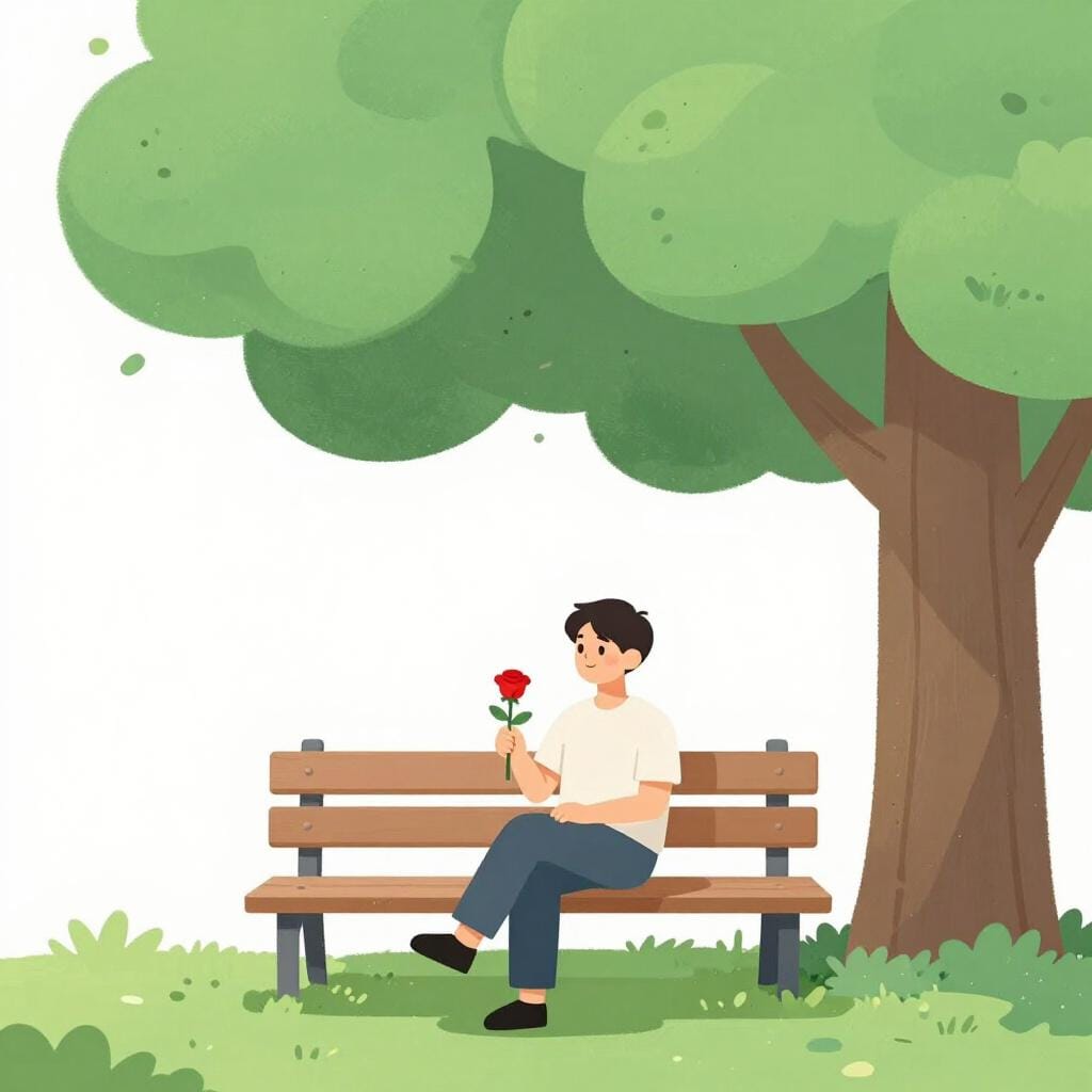 An elderly man sitting alone on a park bench holding a single flower.