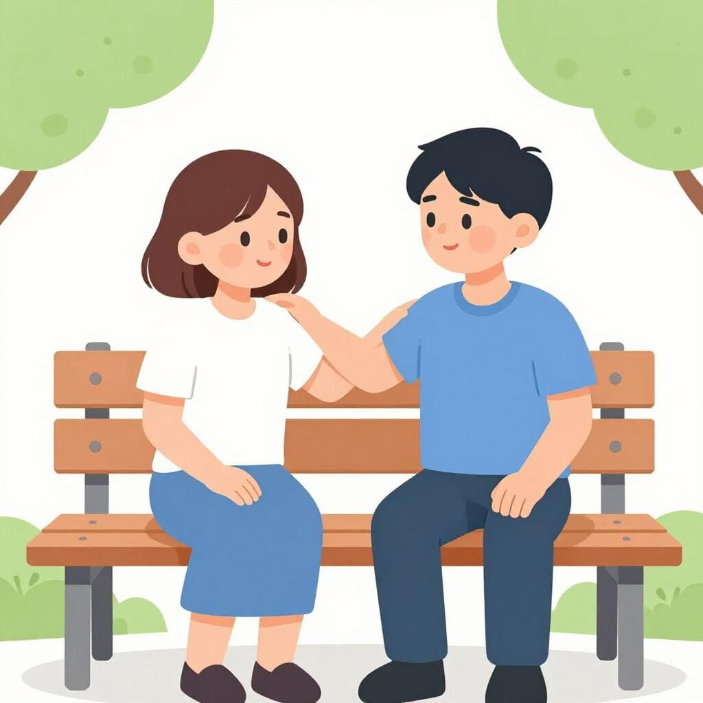 An illustration of one person placing a comforting hand on another person's shoulder during a conversation.