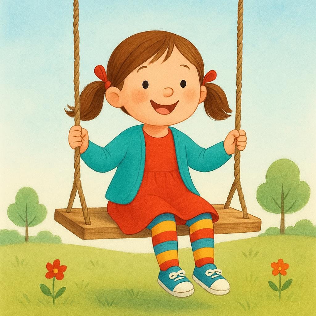 A young female child with pigtails wearing a bright yellow dress, smiling happily while sitting on a wooden swing.