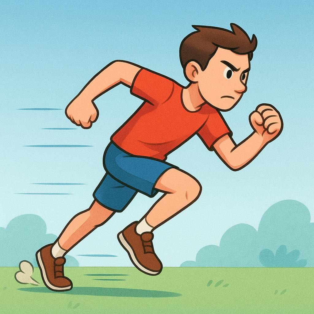 A dynamic storybook illustration of a person starting to sprint urgently, pushing off the ground with great force, implying a sudden command.