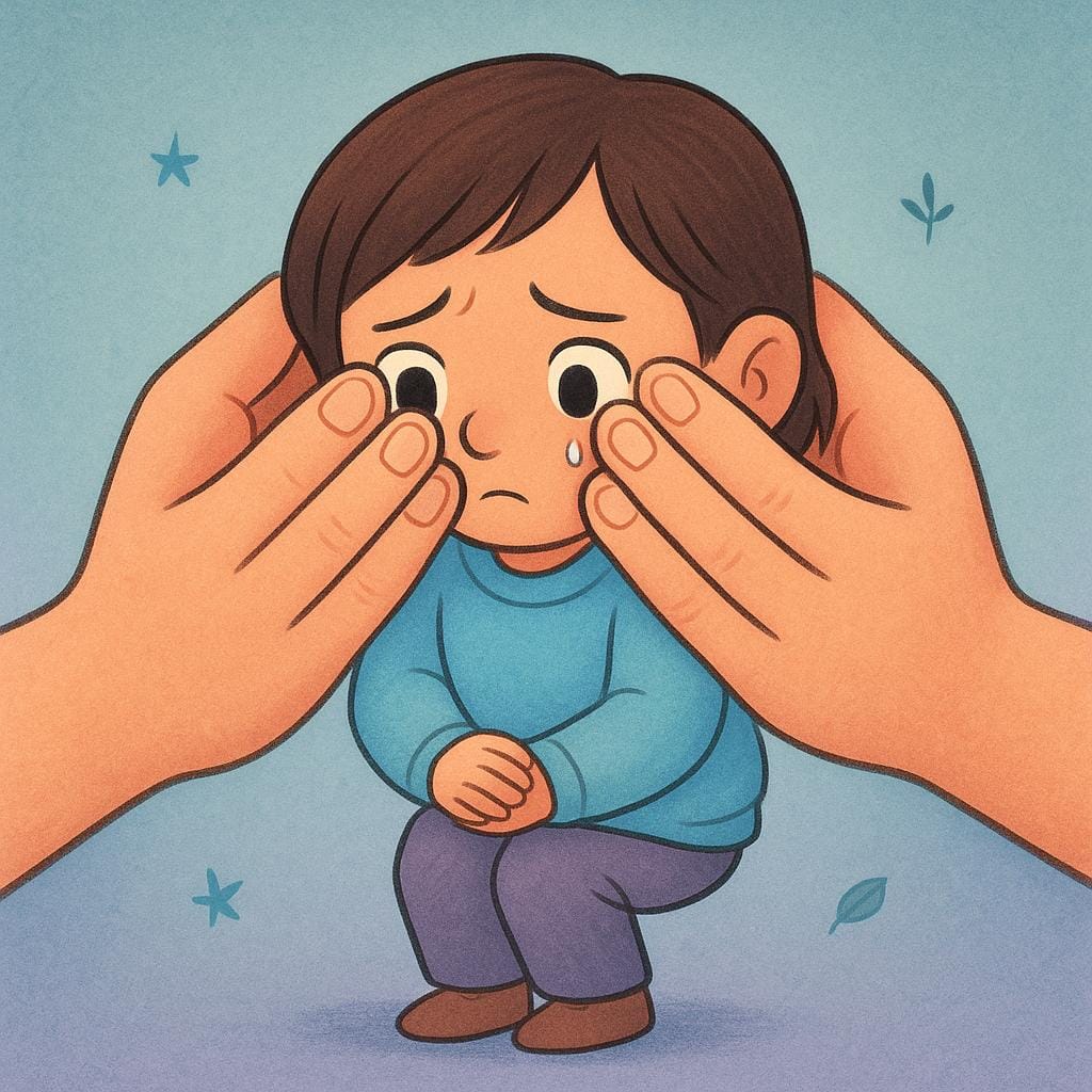 얼굴을 가린 큰 손 뒤에서 수줍게 엿보고 있는 어린아이의 모습, 소심함을 묘사.