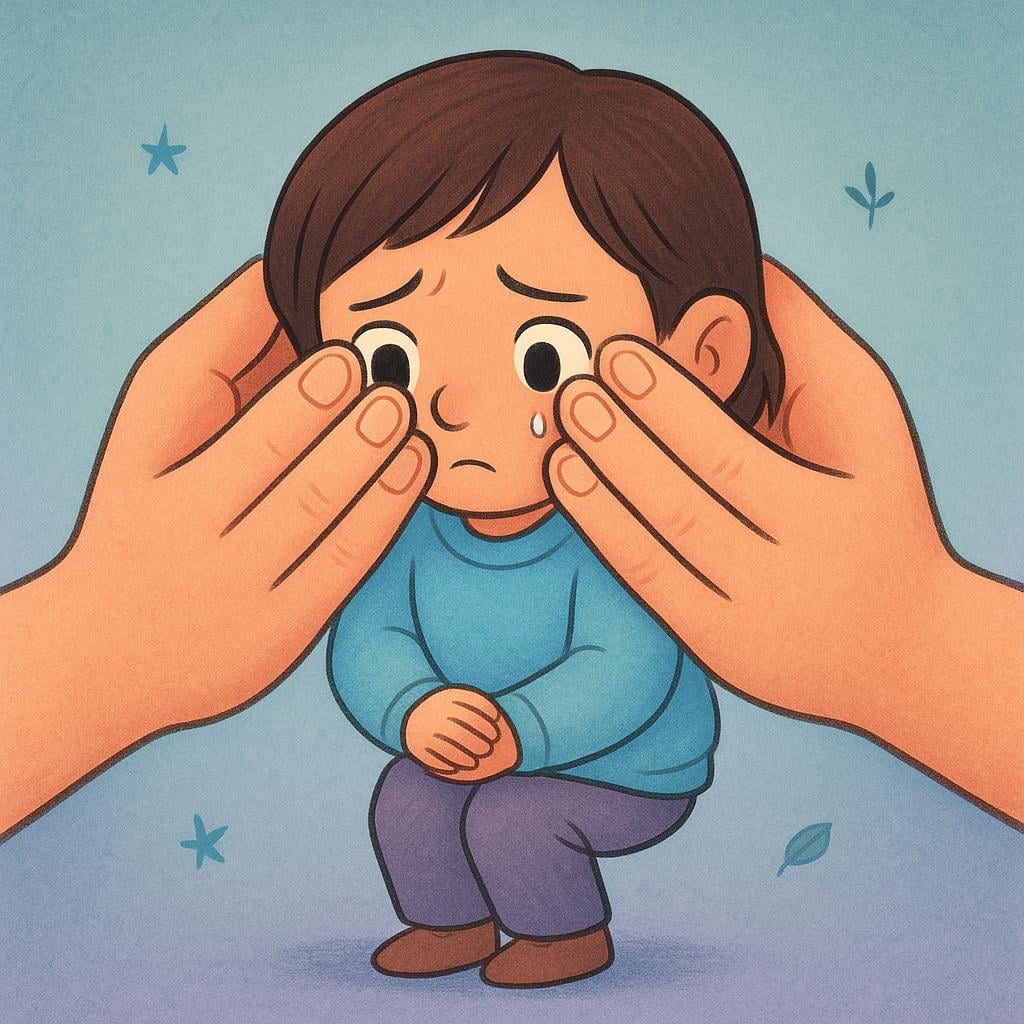 A small child peeking nervously from behind a large pair of hands covering their face, depicting timidity.