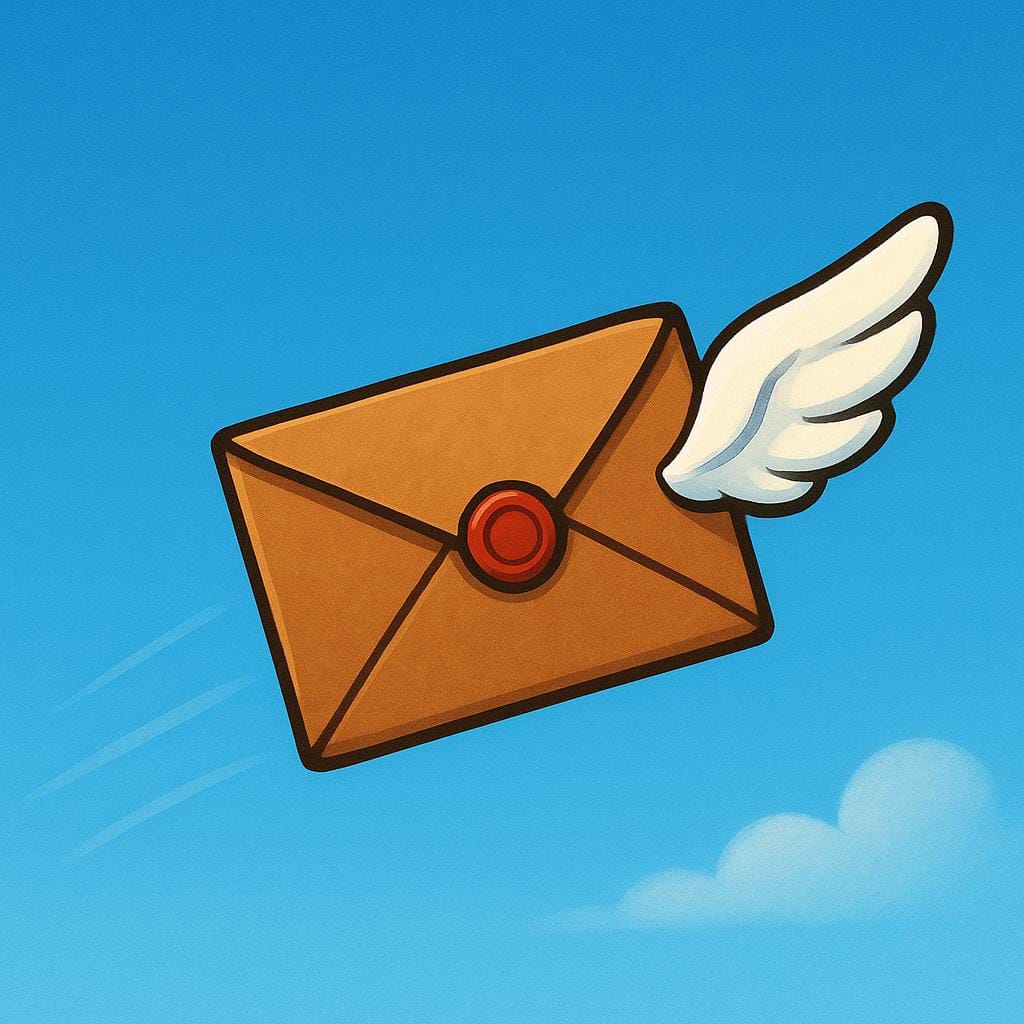 A simple, sealed letter envelope with a stylized wing attached, flying purposefully through the air, symbolizing being dispatched.