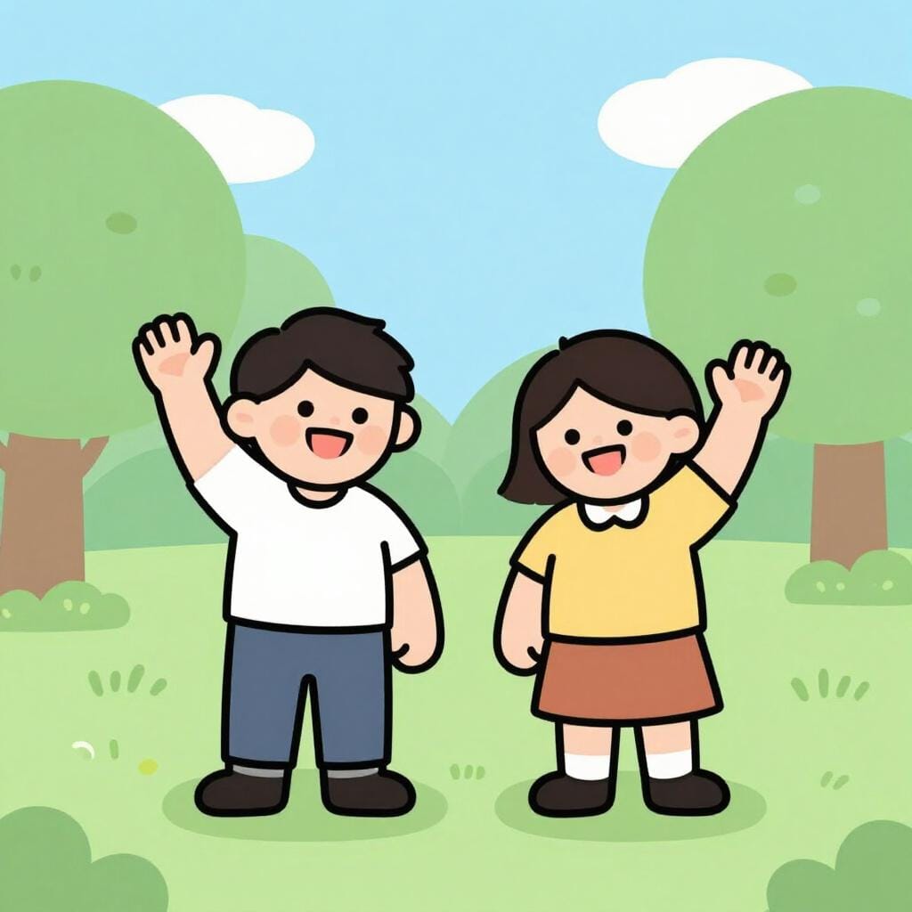 공원에서 큰 미소를 지으며 서로에게 손을 흔드는 두 명의 젊은 친구들.