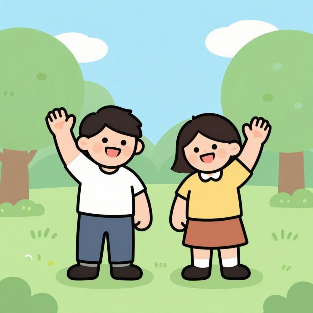 公園で大きく手を振って笑顔で挨拶する若い友人二人。