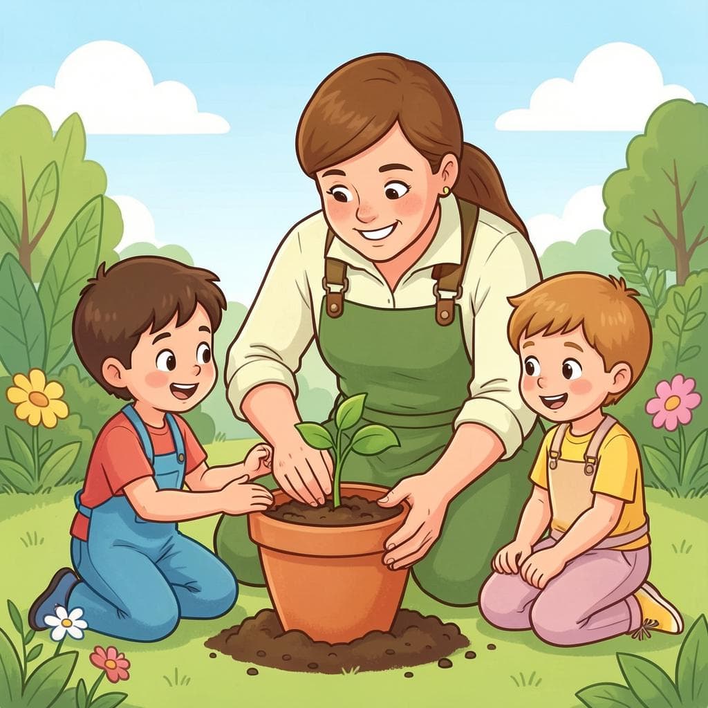 Uma professora gentil mostrando a um grupo de crianças como plantar uma pequena muda em um vaso.