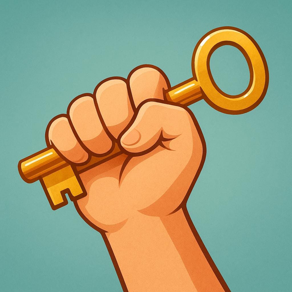 A large hand firmly grasps and holds a single, shiny golden key, symbolizing the action of taking possession or appropriation.