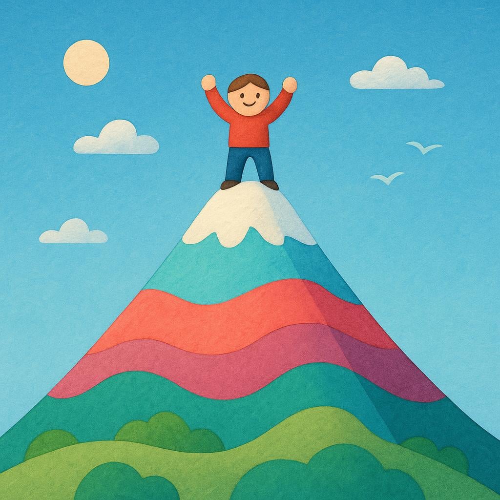 A stylized figure standing triumphantly on the peak of a brightly colored, simple mountain, signifying achieved goals or aims.