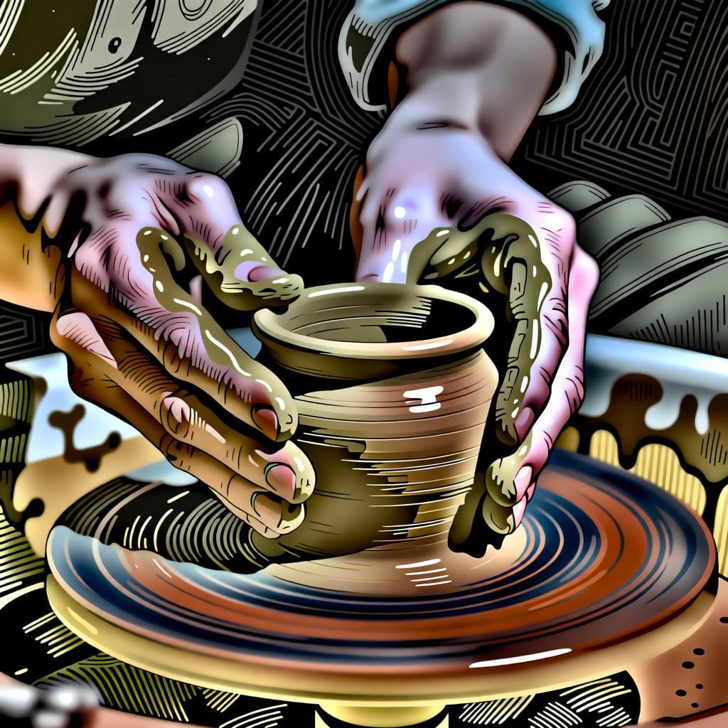 An artist's hands carefully shaping a small pot out of clay on a potter's wheel, illustrating the meaning 'I create'.