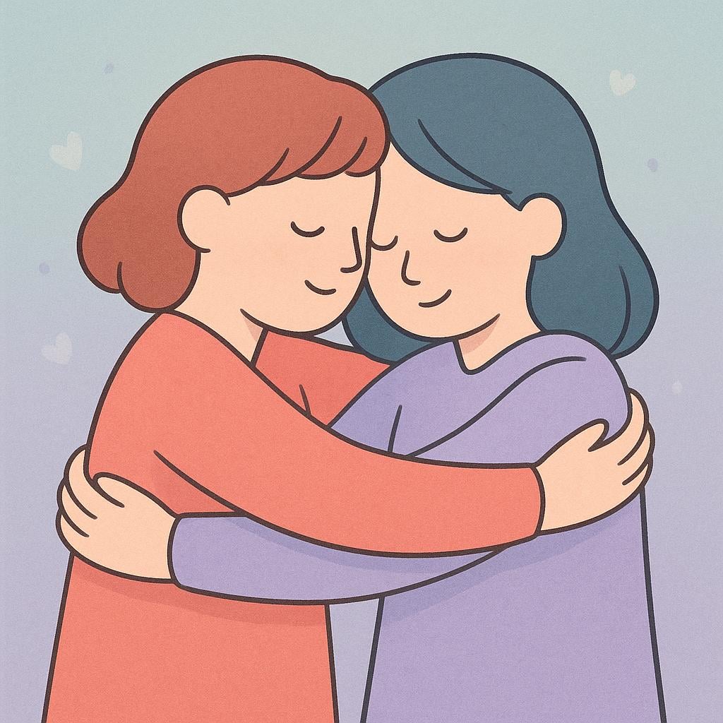 A high quality simple colorful storybook illustration showing two stylized figures wrapping their arms around each other in a comforting embrace.