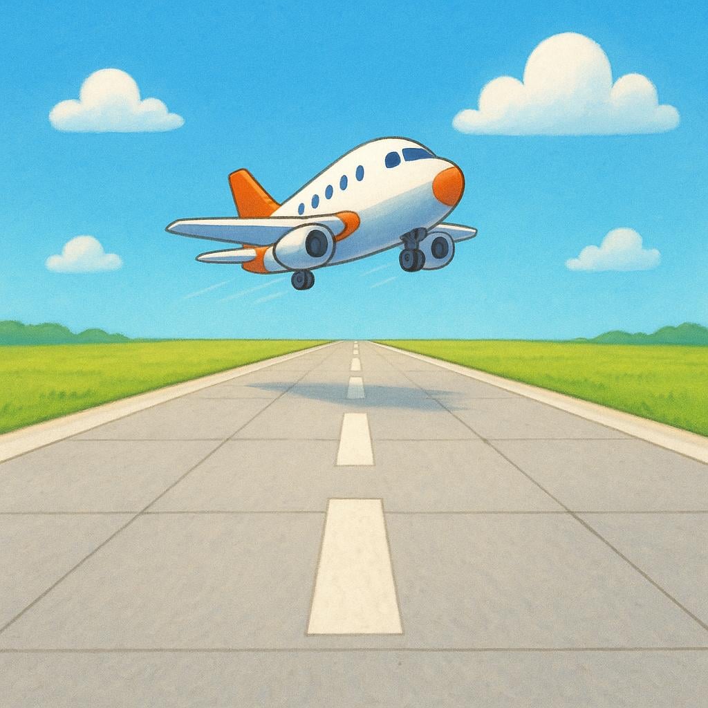 A long, gray concrete runway stretching into the distance, with a small commercial airplane taking off.