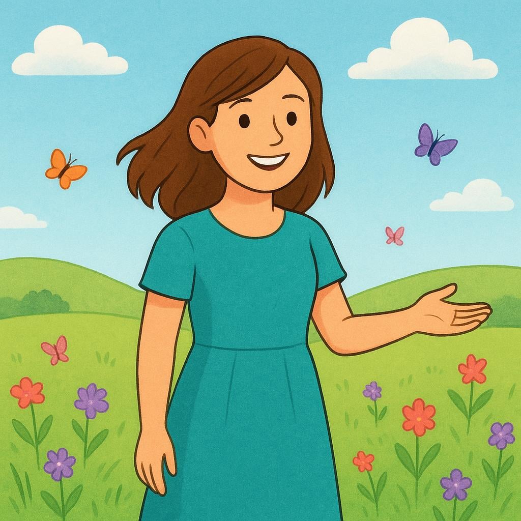 A happy young woman standing under a bright sun in a cheerful meadow, indicating she is accepted and welcome.
