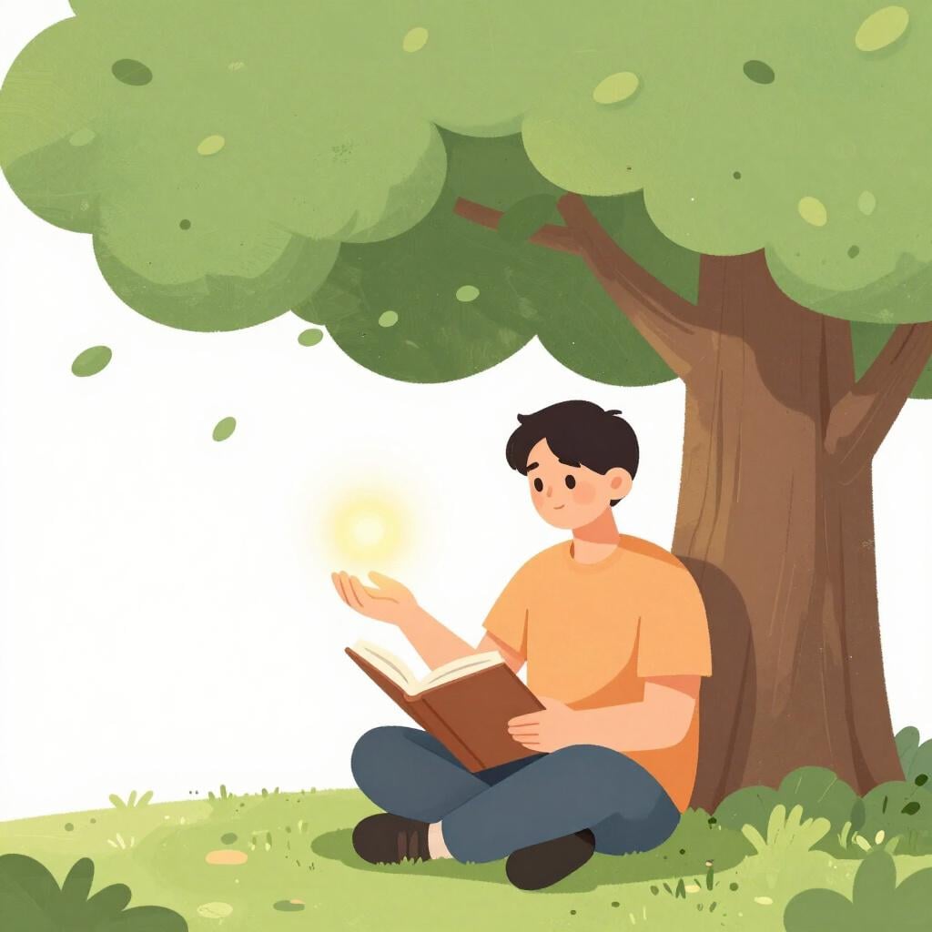 A person sitting under a large tree, holding an open book and looking thoughtfully at a small glowing spark in their hand.