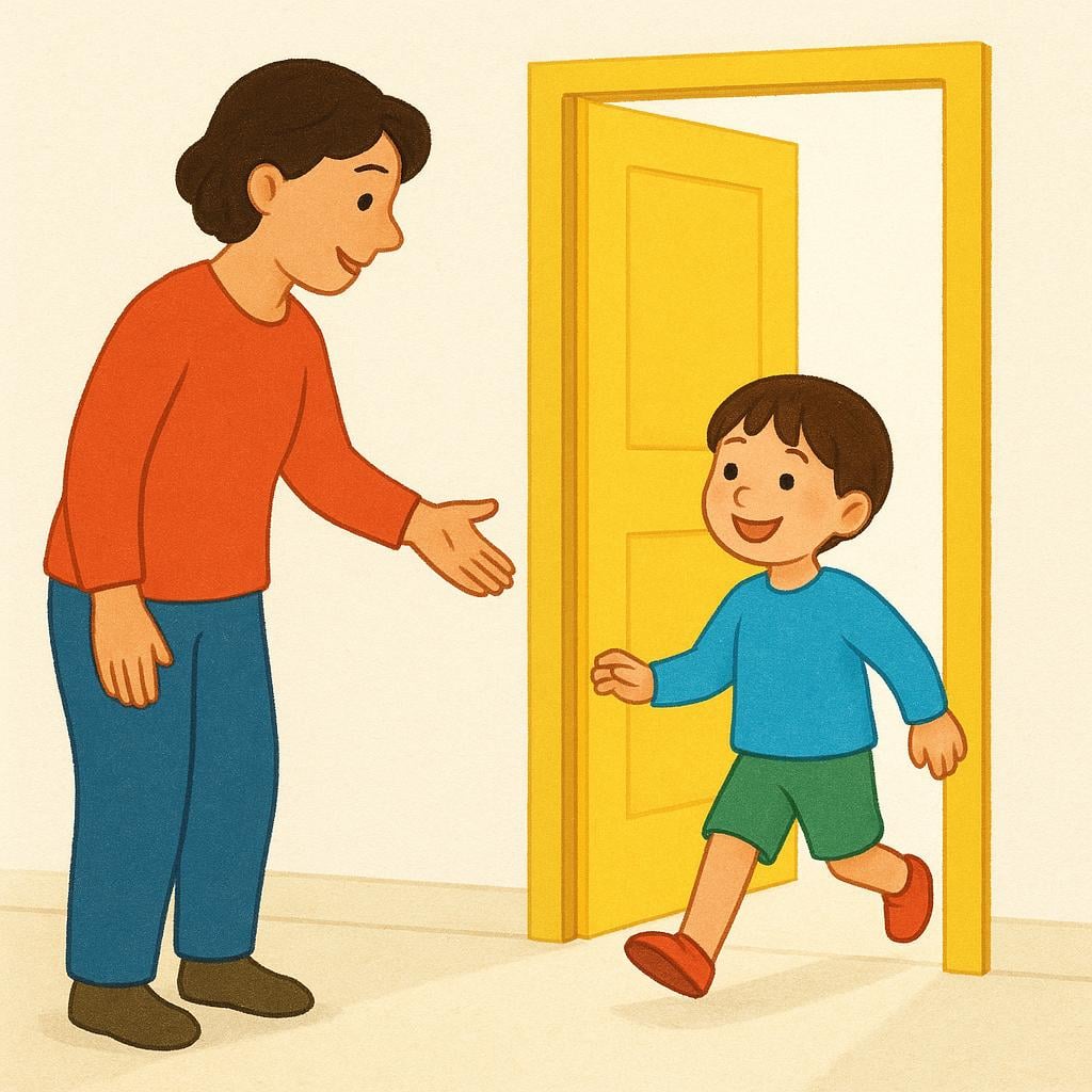 A smiling adult standing next to an open doorway, extending an arm in an inviting gesture to a child, allowing the child to pass through.