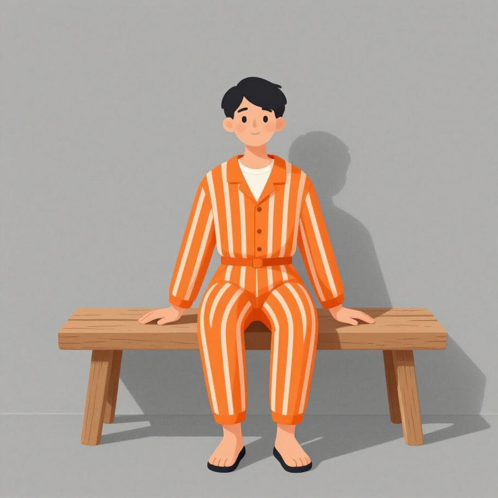Een persoon in een gestreept oranje-wit uniform zit op een eenvoudige houten bank in een kale kamer.