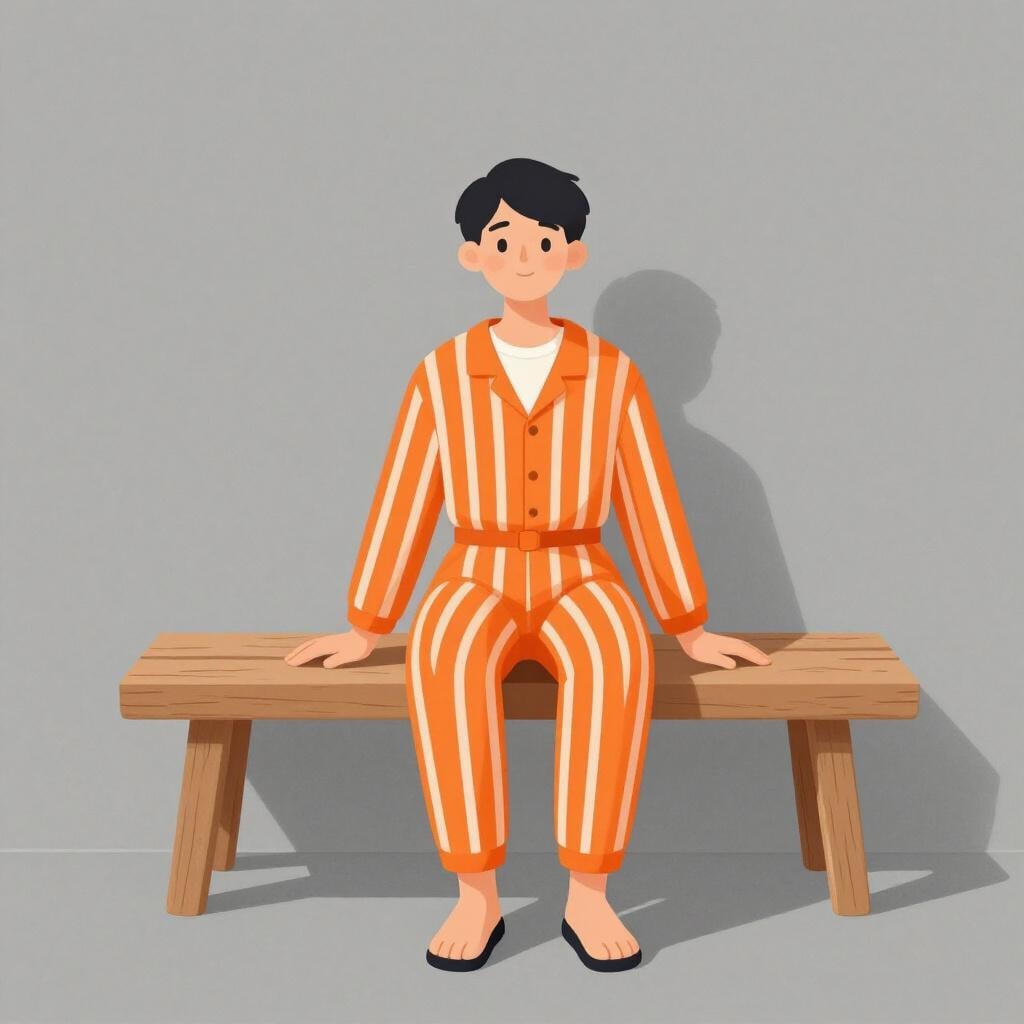 Une personne portant un uniforme rayé orange et blanc assise sur un banc simple en bois dans une pièce dépouillée.