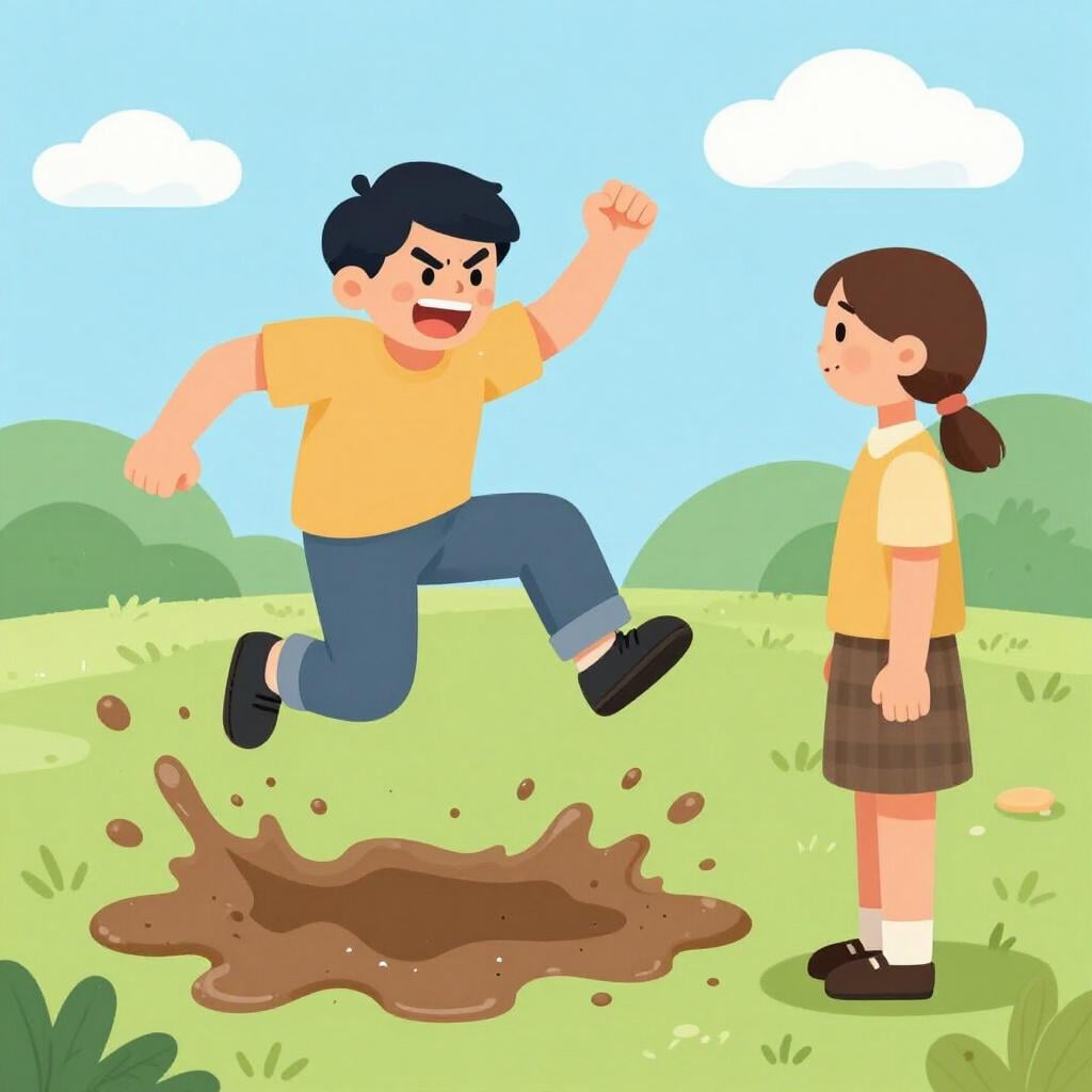 A colorful storybook illustration of a man splashing a puddle on a passerby while laughing.