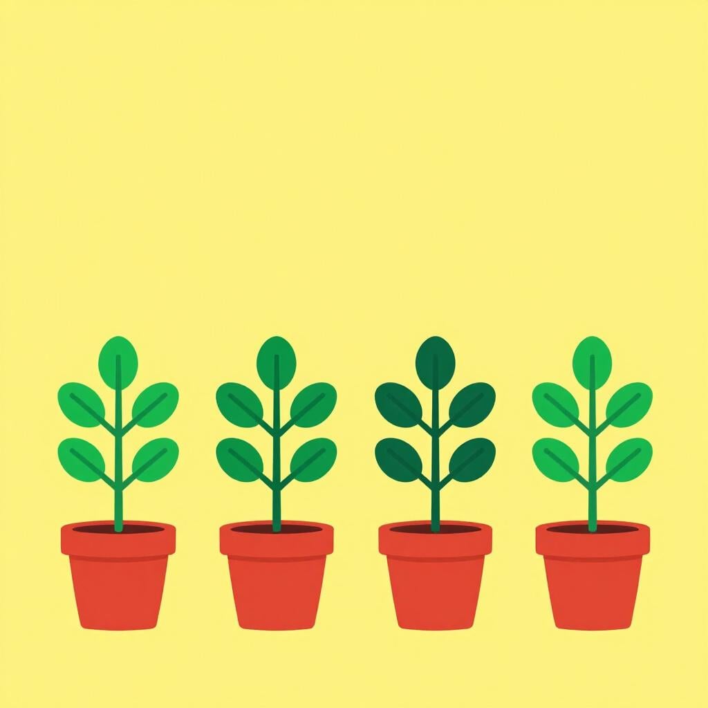 A row of identical potted plants all growing at the exact same height and health.