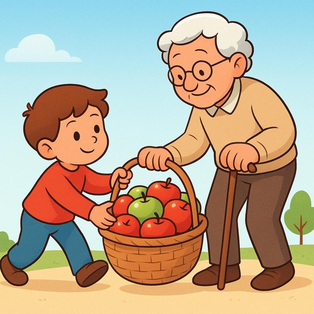 A small child reaching up to help an elderly person carry a basket.