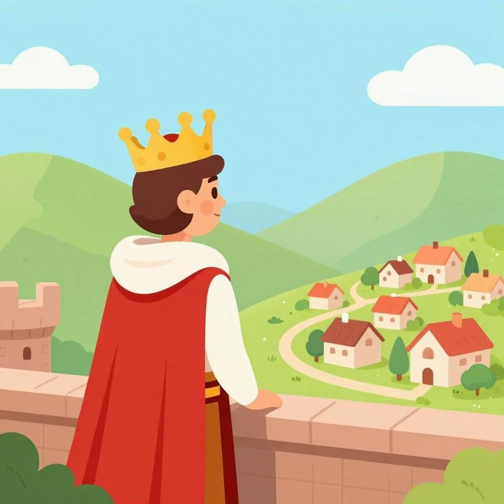 A king standing on a balcony overlooking a peaceful kingdom.