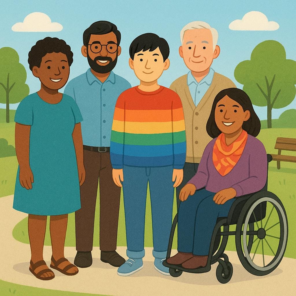 Un petit groupe de cinq personnes diverses debout proches les unes des autres dans un parc, représentant un groupe qui est rassemblé.