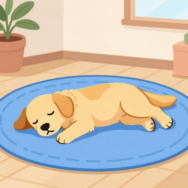 Um cachorro tranquilo deitado em um tapete macio em uma sala aconchegante.
