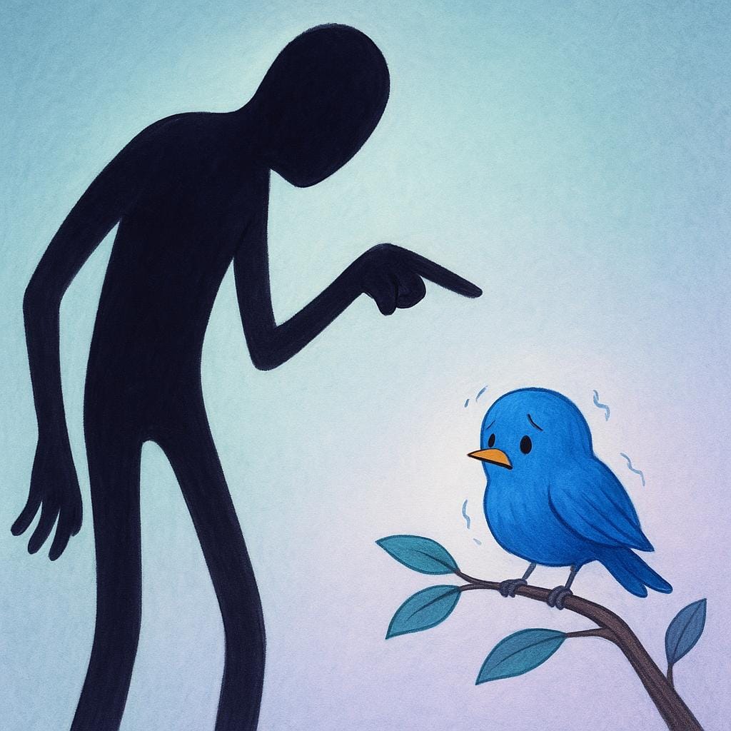 An illustration of a tall, stylized figure with a dark silhouette pointing a single, accusatory finger down toward a small, trembling blue bird perched on a branch, depicting the action of threatening.