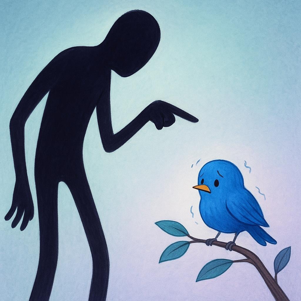 An illustration of a tall, stylized figure with a dark silhouette pointing a single, accusatory finger down toward a small, trembling blue bird perched on a branch, depicting the action of threatening.
