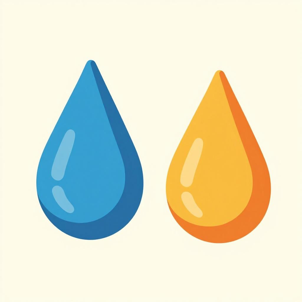 A colorful storybook illustration of two different colored drops of paint, one blue and one yellow, flowing together to form green.