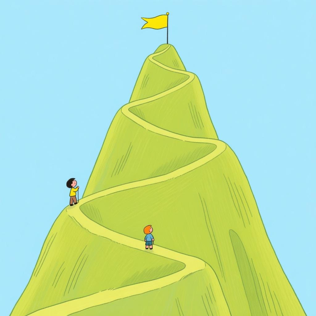 A tiny person stands at the base of a massive, steep hill, looking up at a small flag planted on the distant summit, indicating a long journey ahead.