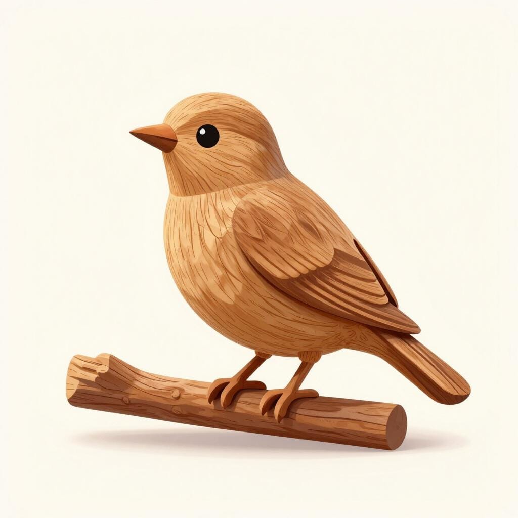 A wooden carving of a bird that looks very realistic.