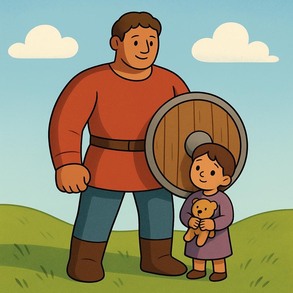 Uma figura adulta forte e protetora em pé firmemente e segurando um escudo de madeira simples, posicionada defensivamente na frente de uma figura menor e vulnerável.