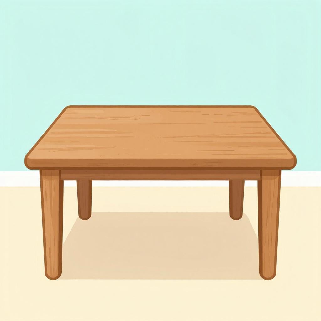 A simple drawing of a wooden table with nothing on it, showing an empty space where an object should be.