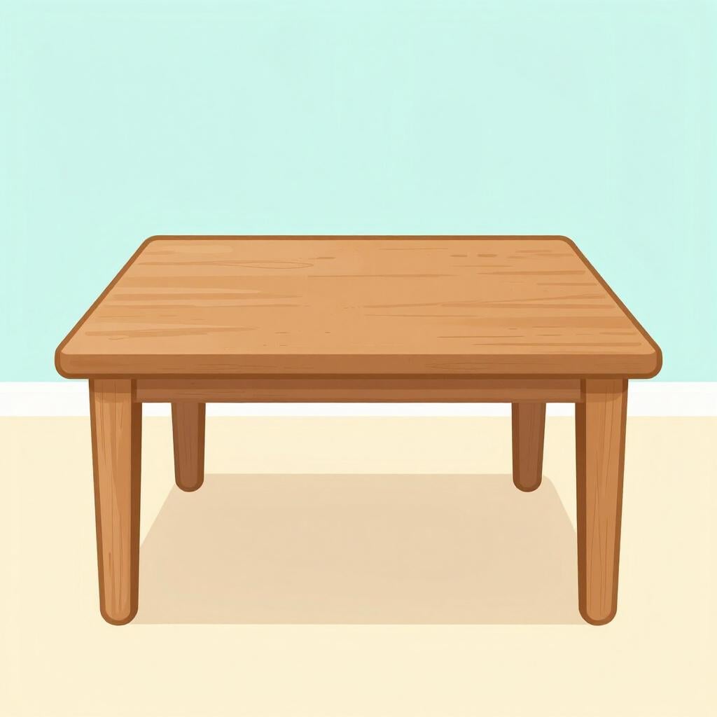 Een simpele tekening van een houten tafel zonder iets erop, die een lege ruimte toont waar een object zou moeten zijn.