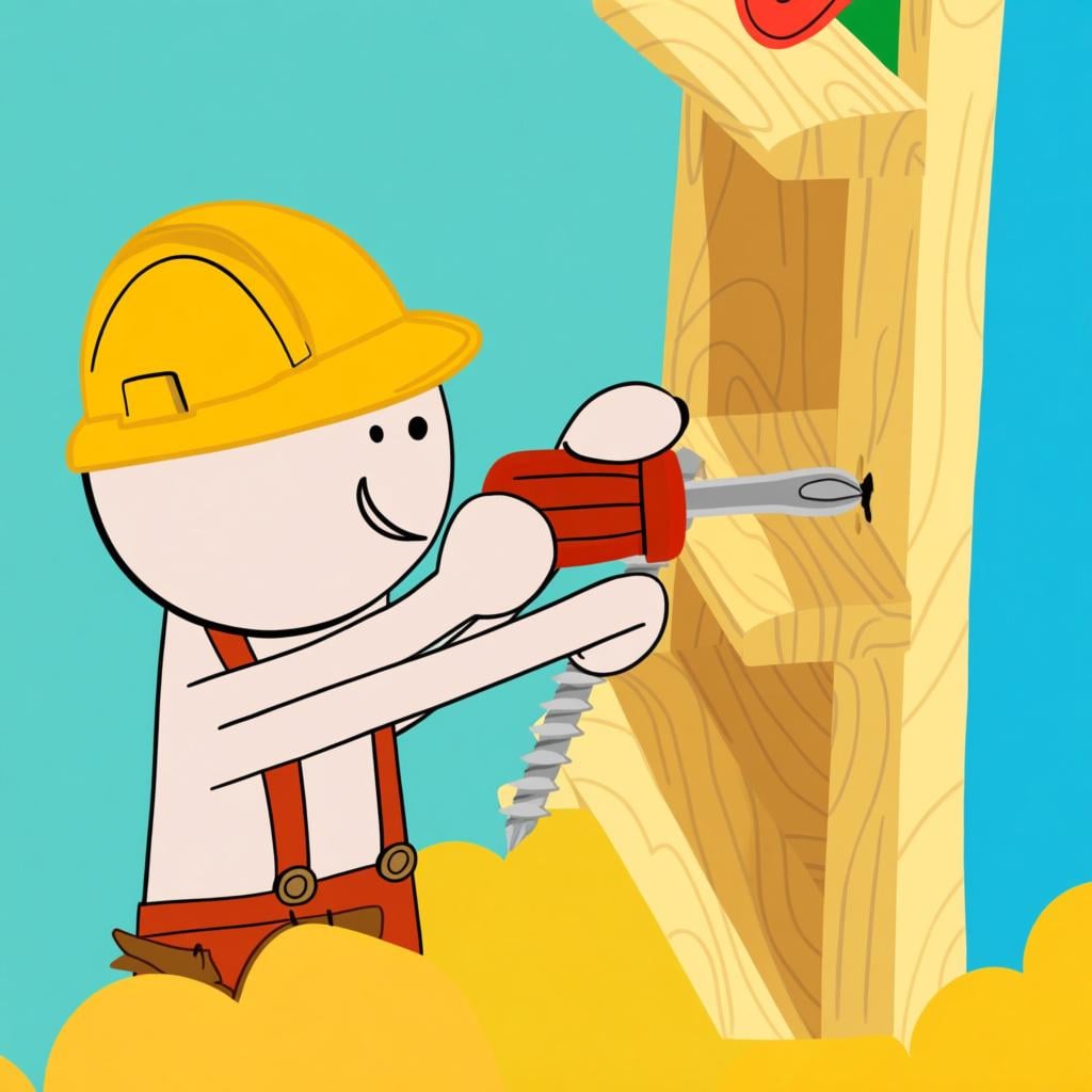 A cartoon carpenter using a large tool to firmly attach a wooden shelf to a blue wall.